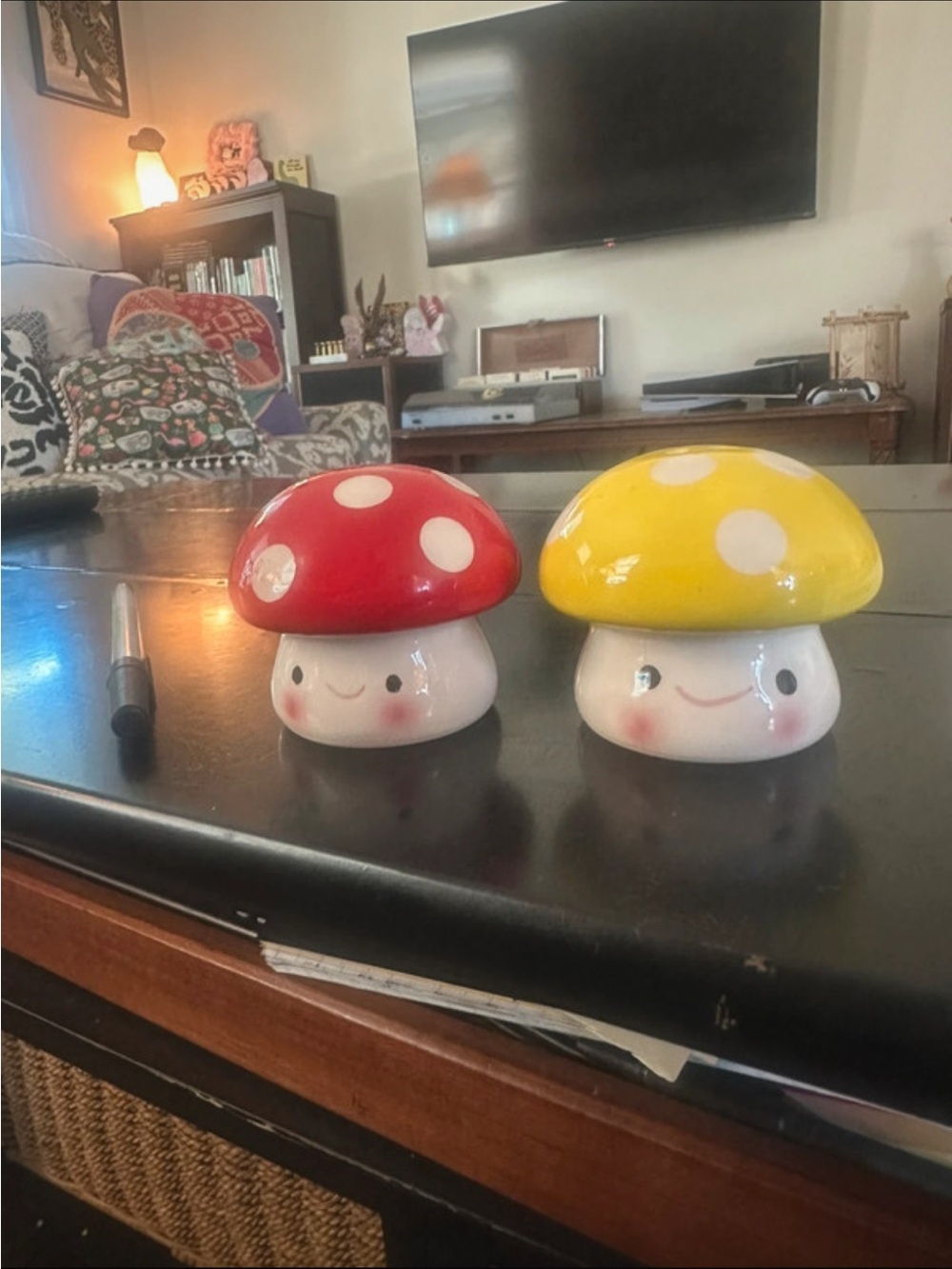 Source Unknown Red & Yellow Polka-Dot Mushroom Salt and Pepper Shakers